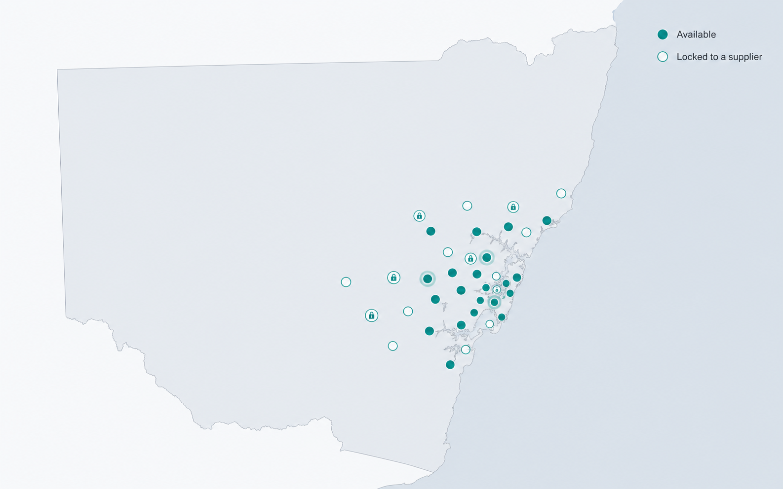 Map of New South Wales showing supplier territories — solid teal dots are locked postcodes, hollow teal dots are available, dim dots are not yet covered
